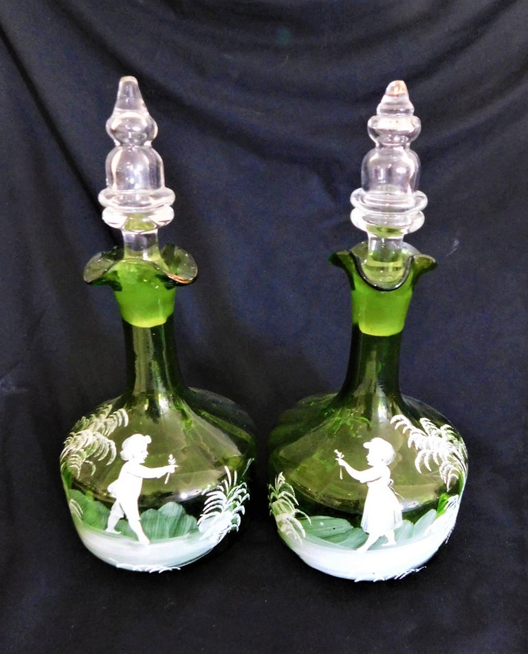 Pair of Antique Victorian Mary Gregory White Enameled Green Glass