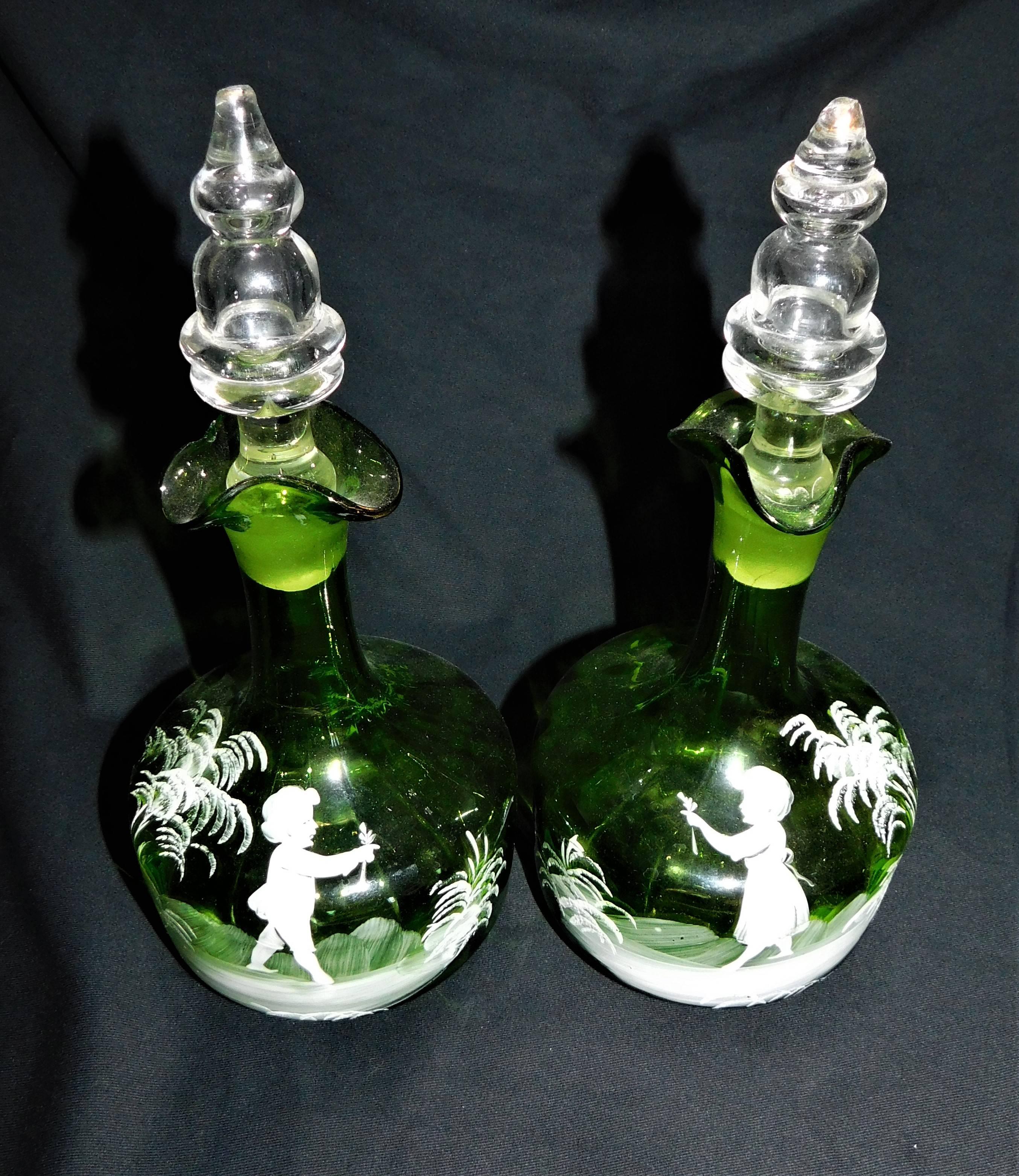 Late Victorian Pair of Antique Victorian Mary Gregory White Enameled Green Glass Decanters For Sale