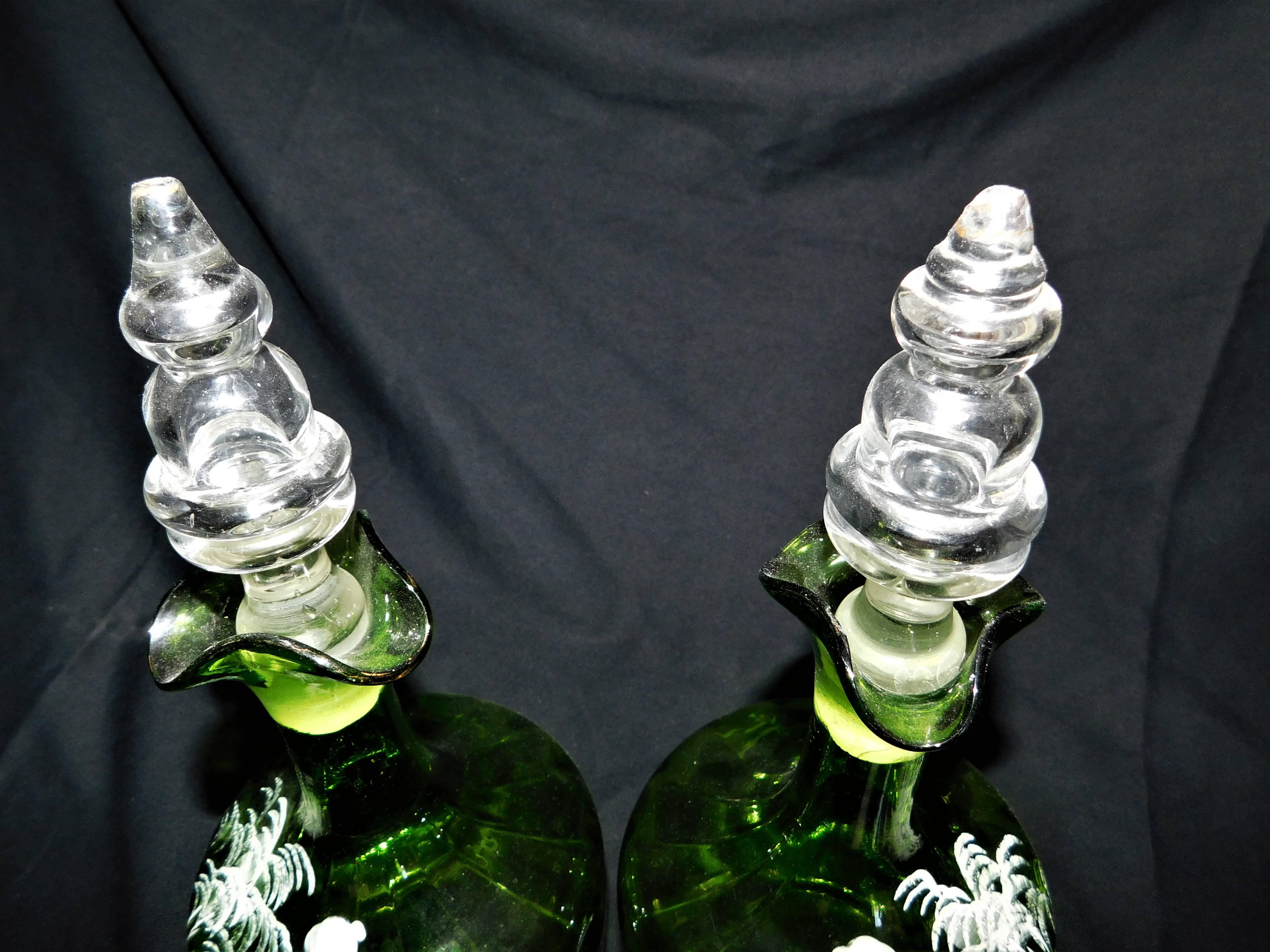 English Pair of Antique Victorian Mary Gregory White Enameled Green Glass Decanters For Sale