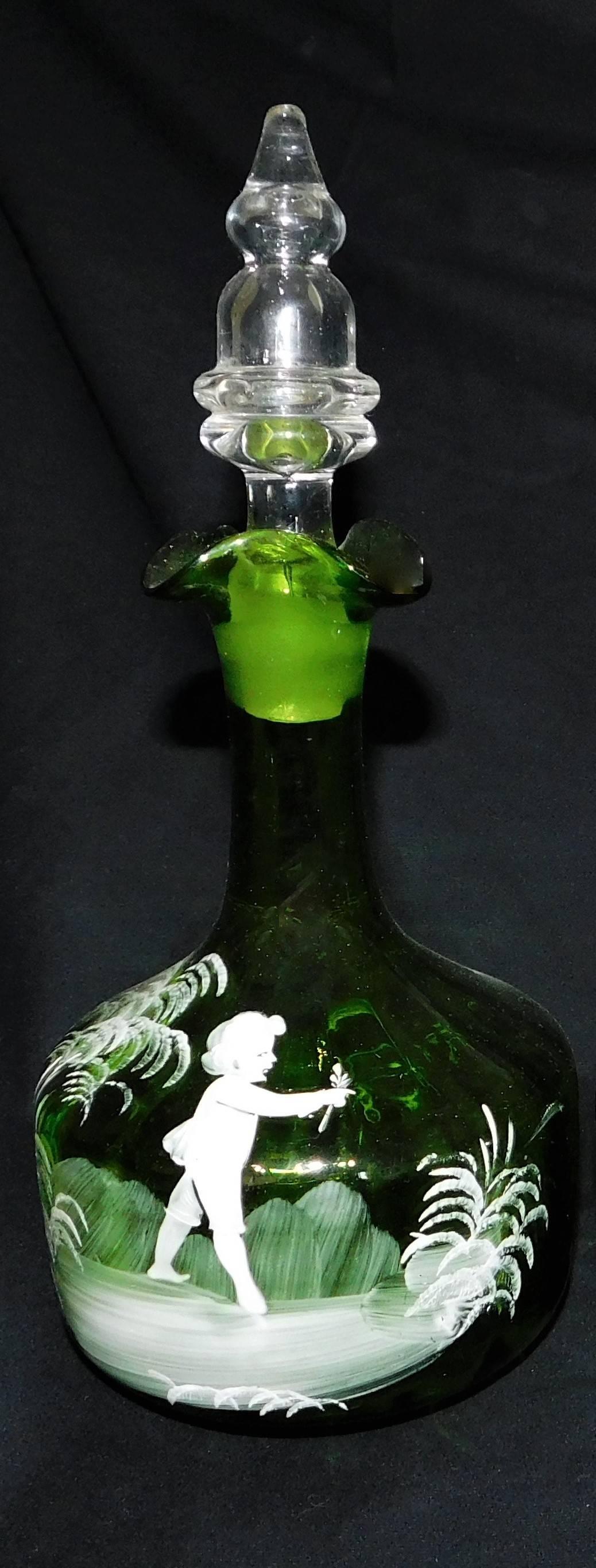 Late 19th Century Pair of Antique Victorian Mary Gregory White Enameled Green Glass Decanters For Sale