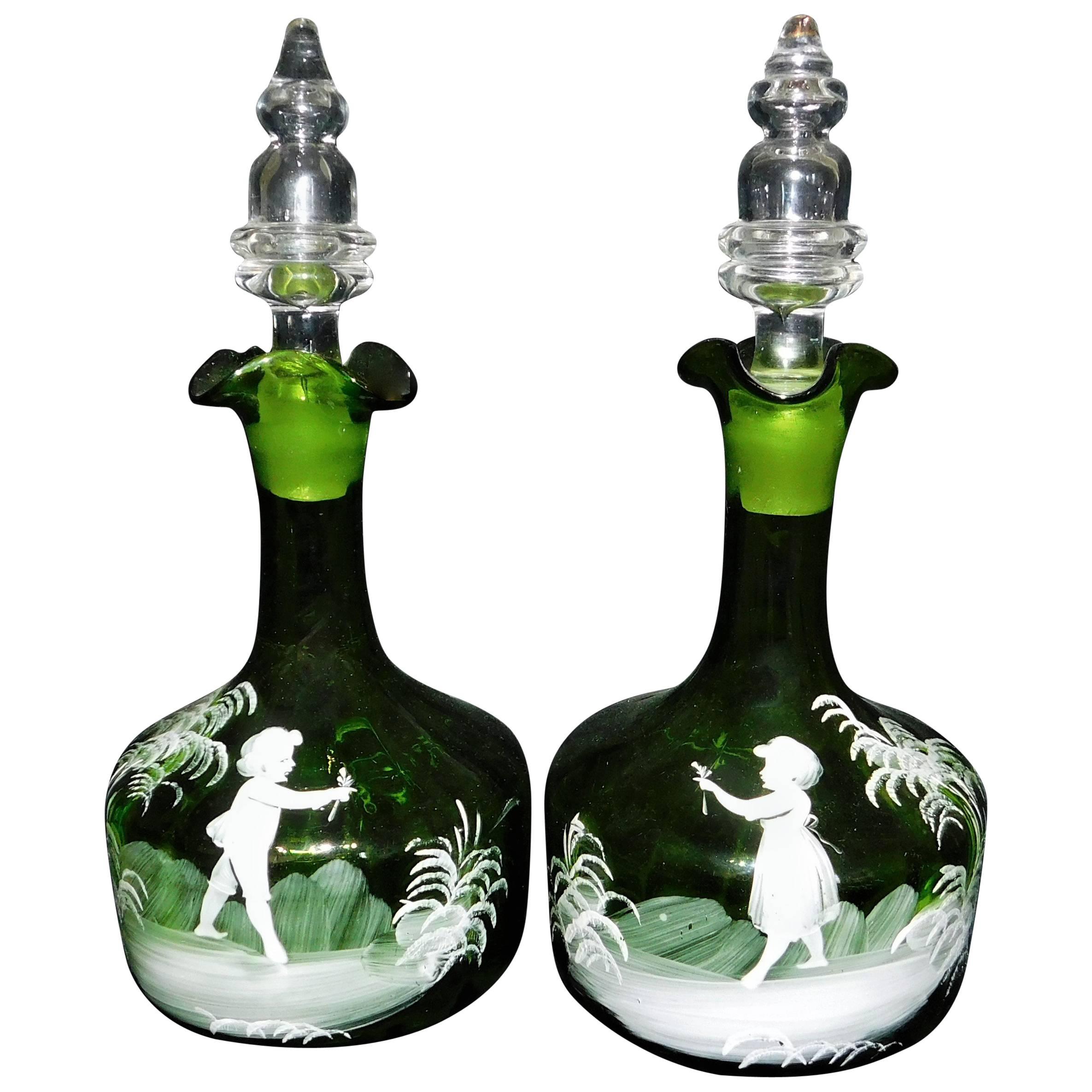 Pair of Antique Victorian Mary Gregory White Enameled Green Glass Decanters For Sale