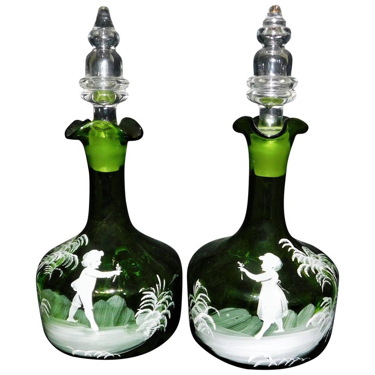 Pair of Antique Victorian Mary Gregory White Enameled Green Glass Decanters  For Sale at 1stDibs