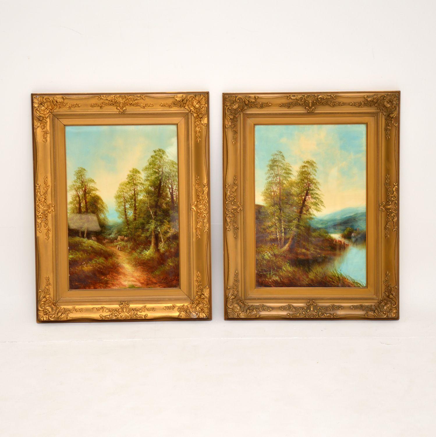 A beautiful pair of antique Victorian gilt framed oil paintings. These are signed by the well known artist George Jennings, they date from around the late 19th century.

They are beautifully executed, with gorgeous details and colours. They appear