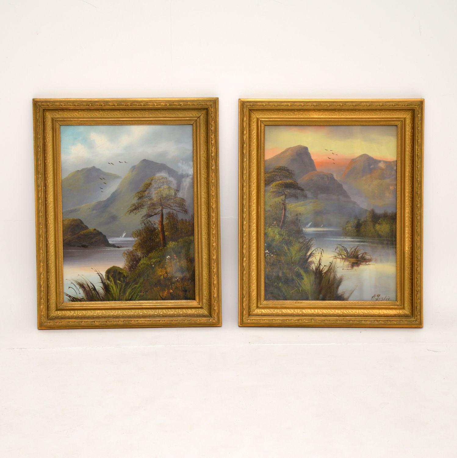 A stunning pair of antique Victorian oil paintings by the well known artist H. Leslie. He was a prolific artist, known for painting the Scottish highlands in and around the 1870-1880’s, so these are likely to date from that period.

They are