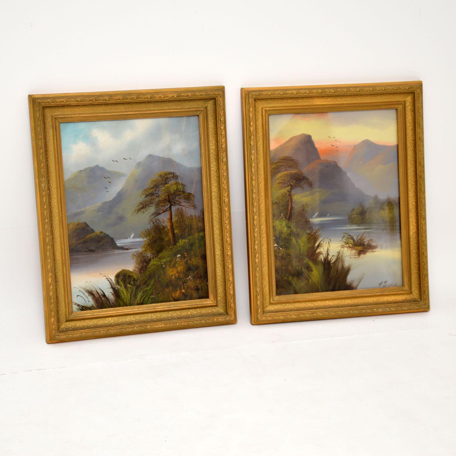 English Pair of Antique Victorian Oil Paintings, Scottish Highlands by H. Leslie