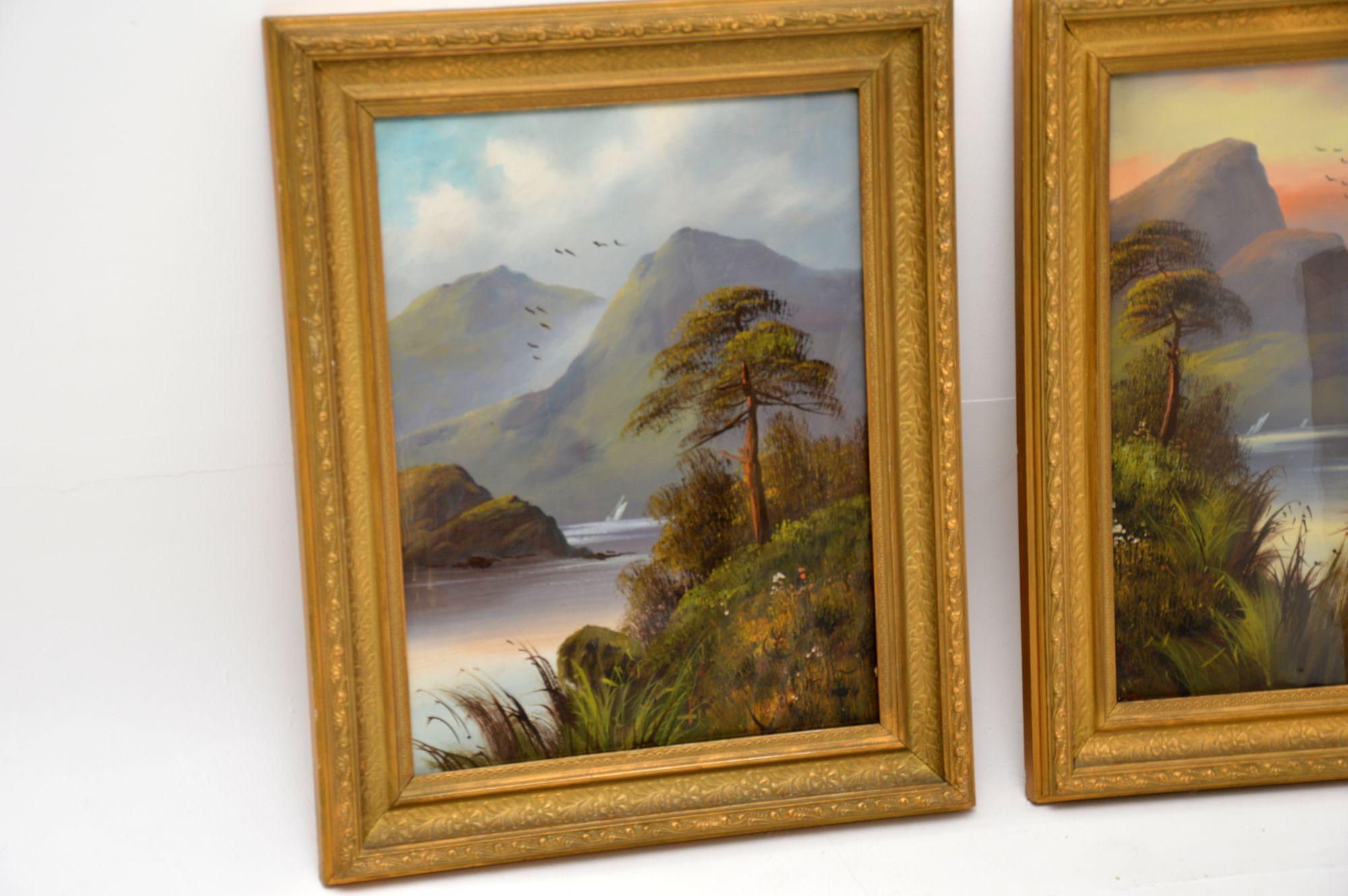 Hand-Painted Pair of Antique Victorian Oil Paintings, Scottish Highlands by H. Leslie