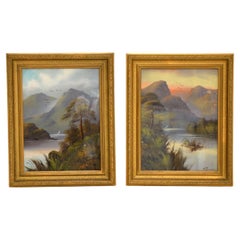 Pair of Antique Victorian Oil Paintings, Scottish Highlands by H. Leslie