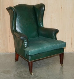 PAIR OF ANTIQUE VICTORIAN ORIGINAL GREEN LEATHER UPHOLSTERY WINGBACK ARMCHAIRs