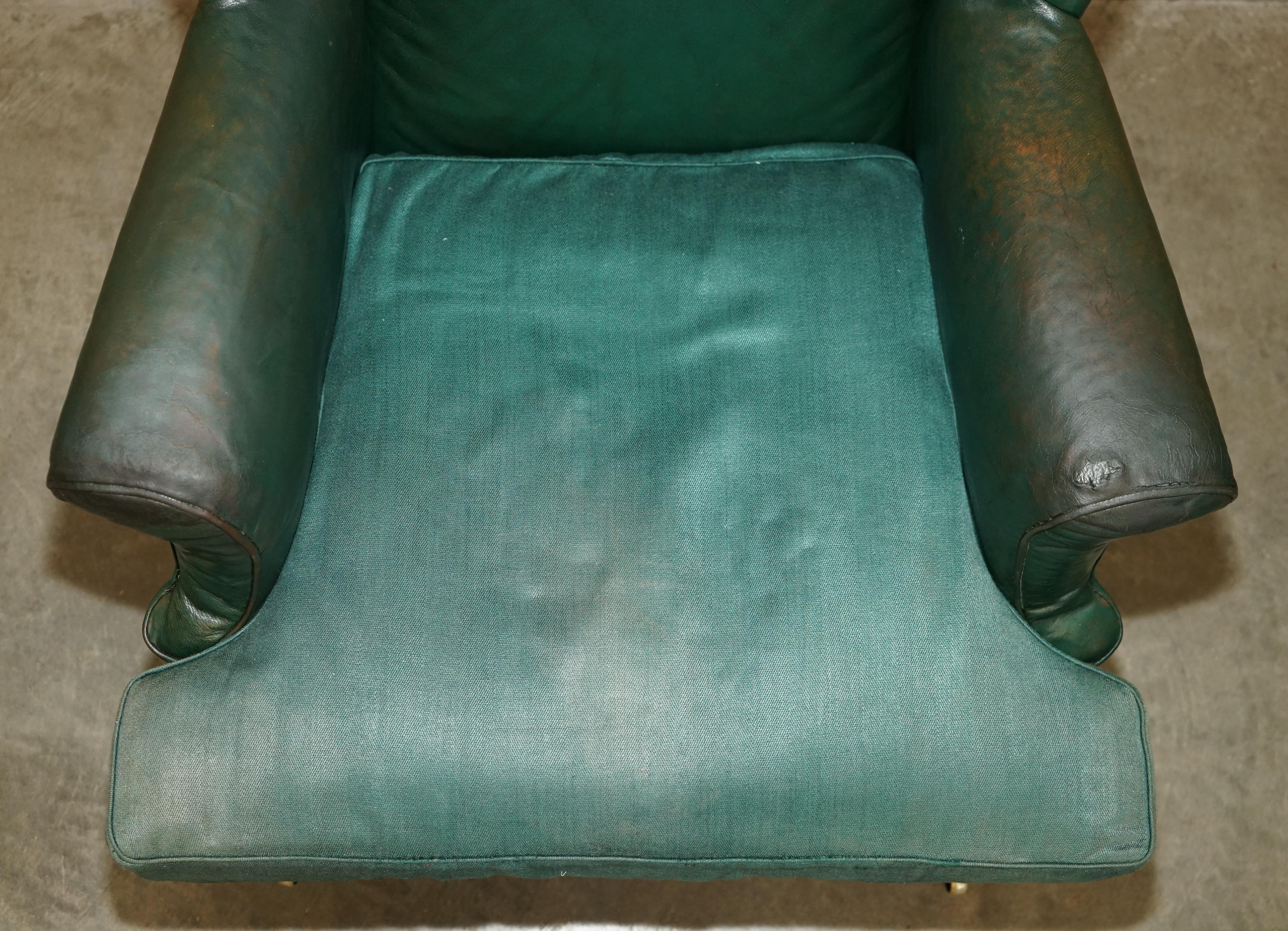 Late 19th Century PAIR OF ANTIQUE VICTORIAN ORIGINAL GREEN LEATHER UPHOLSTERY WINGBACK ARMCHAIRs For Sale