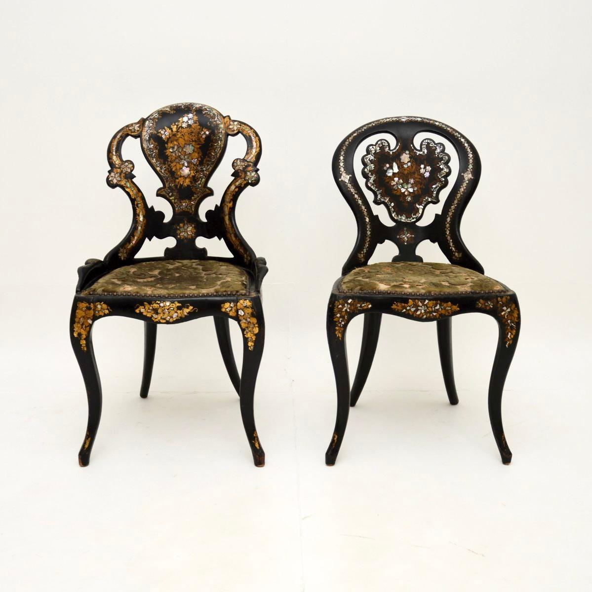 A stunning pair of antique Victorian Papier Mache chairs. They were made in England, they date from the 1860-1880 period.

They are beautifully made and are of very fine quality, with exquisite details. They have typical Victorian spoon backs and