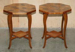 PAIR OF ANTIQUE ViCTORIAN PARQUETRY SPECIMEN SAMPLE WOOD INLAID SIDE END TABLES