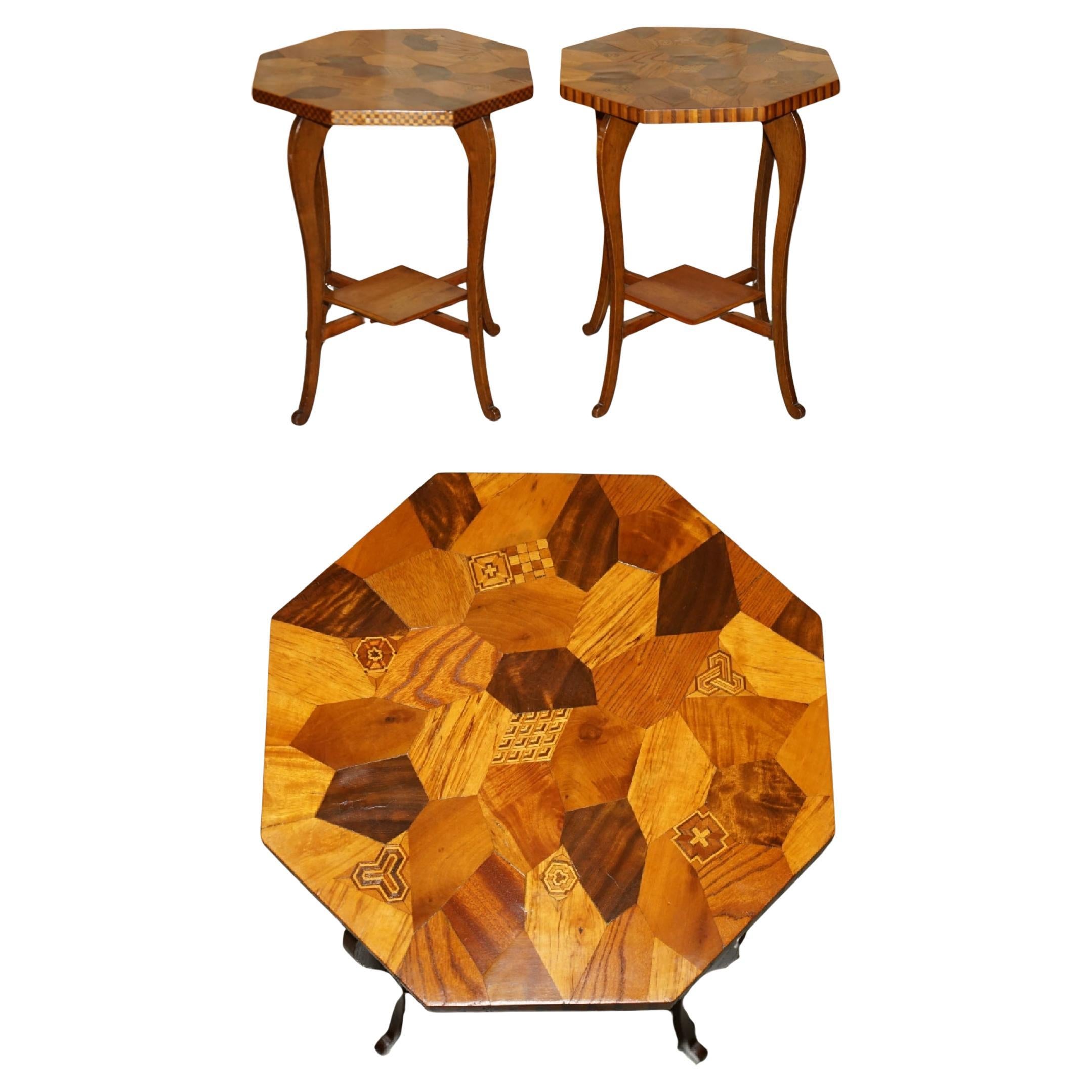 PAIR OF ANTIQUE ViCTORIAN PARQUETRY SPECIMEN SAMPLE WOOD INLAID SIDE END TABLES For Sale