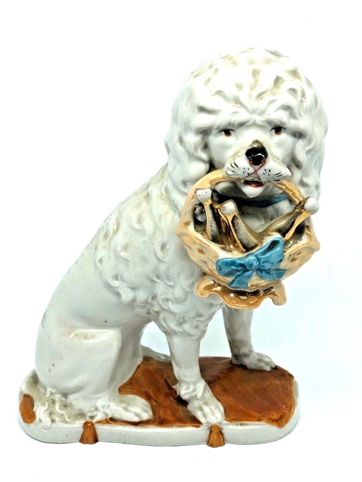 Art Nouveau Pair of Antique Victorian Porcelain Poodle Dog Mantel Shelf Figures German