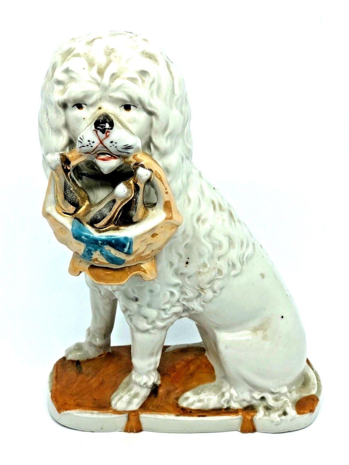 Pair of Antique Victorian Porcelain Poodle Dog Mantel Shelf Figures German 1