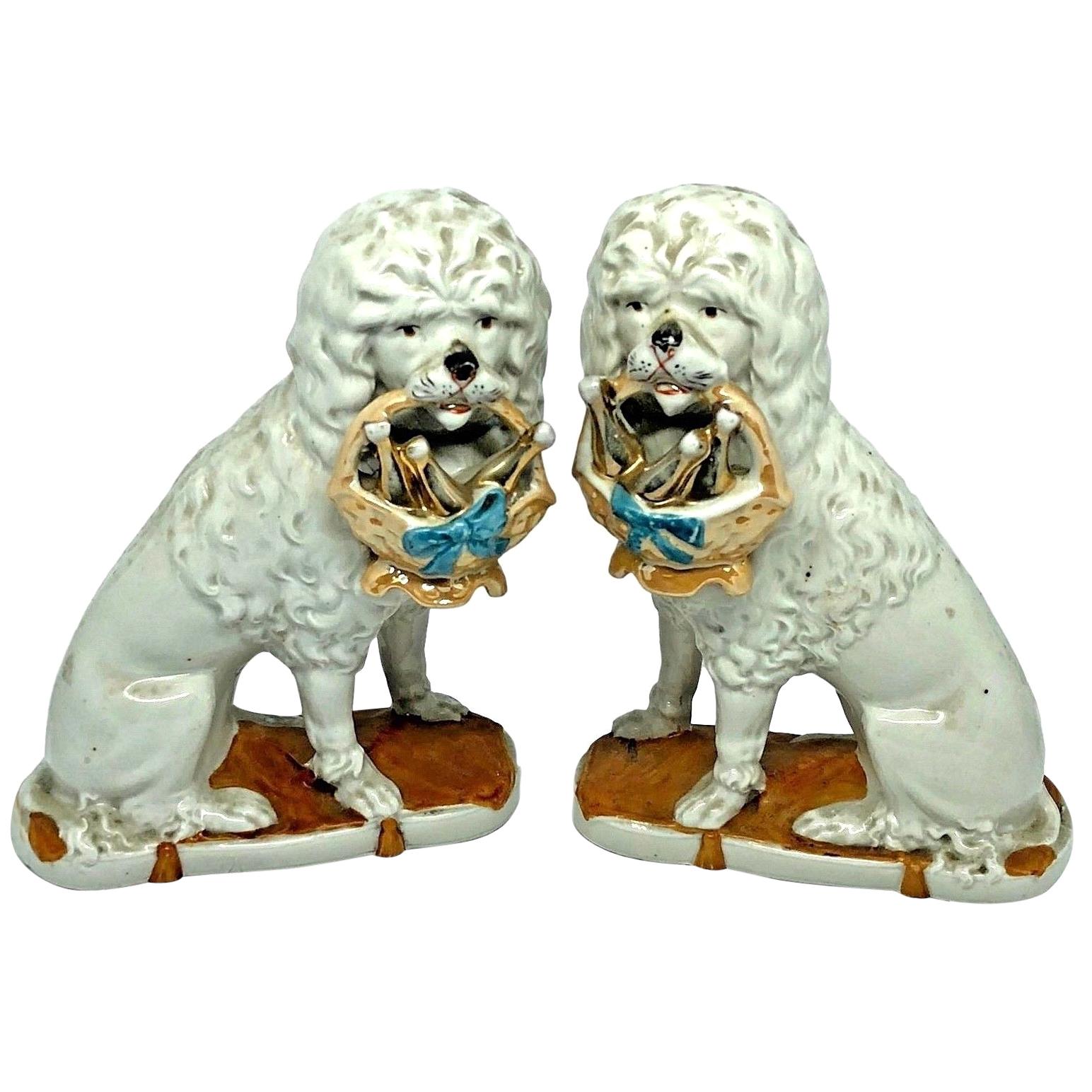 Pair of Antique Victorian Porcelain Poodle Dog Mantel Shelf Figures German
