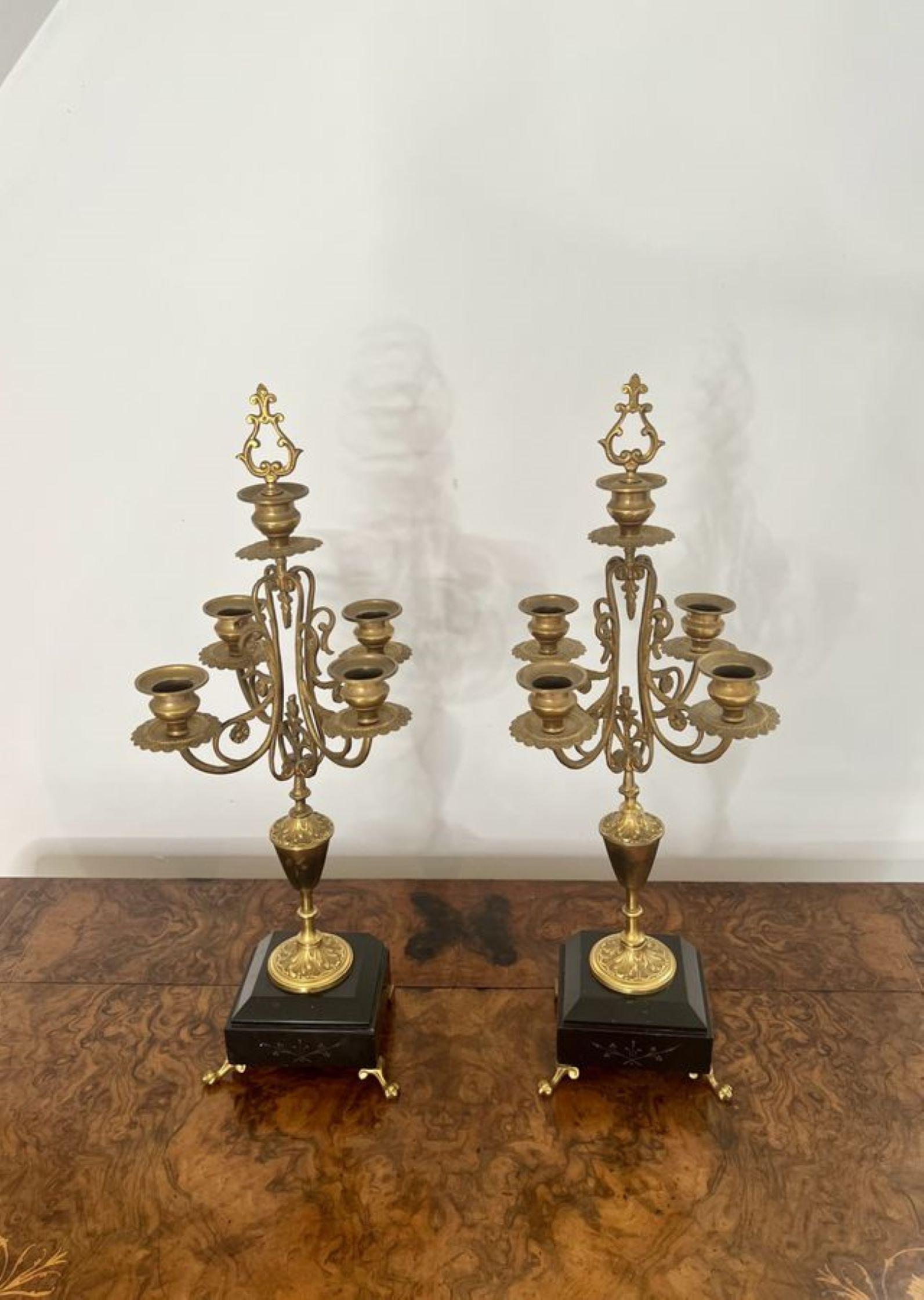 Pair of antique Victorian quality brass and marble candelabras  In Good Condition For Sale In Ipswich, GB