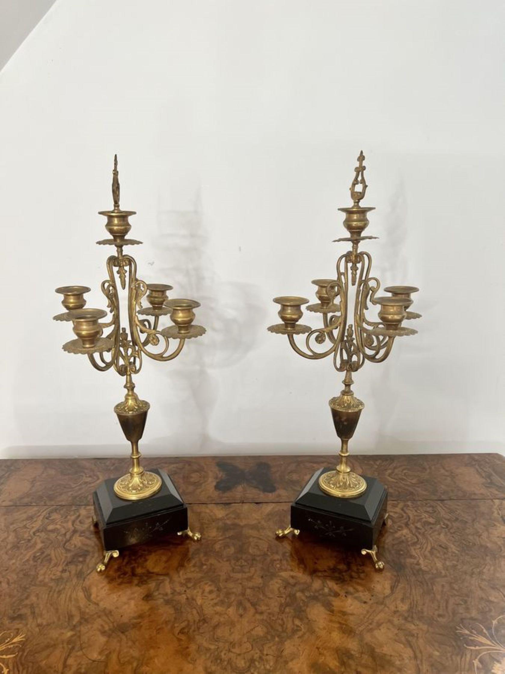 Brass Pair of antique Victorian quality brass and marble candelabras  For Sale