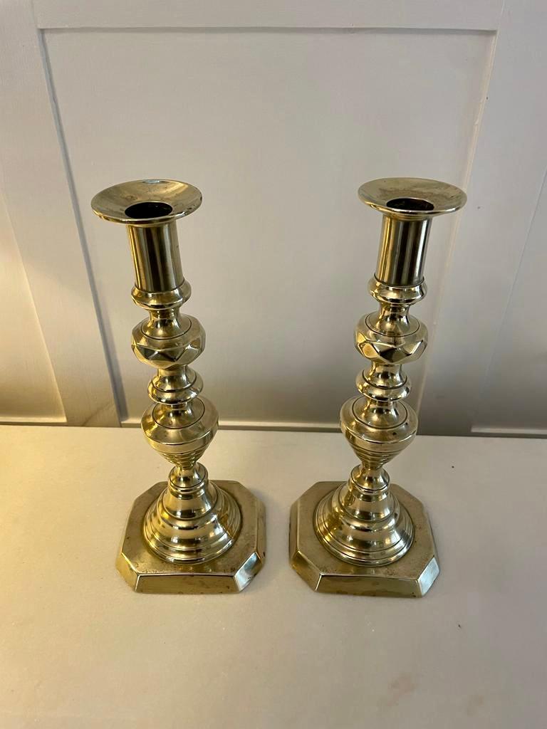 Pair of antique Victorian quality brass candlesticks having a quality beehive and diamond shaped column raised on a stepped base

Lovely original condition

Measures: H 27 x W 9 x D 9cm
Date 1860.
 