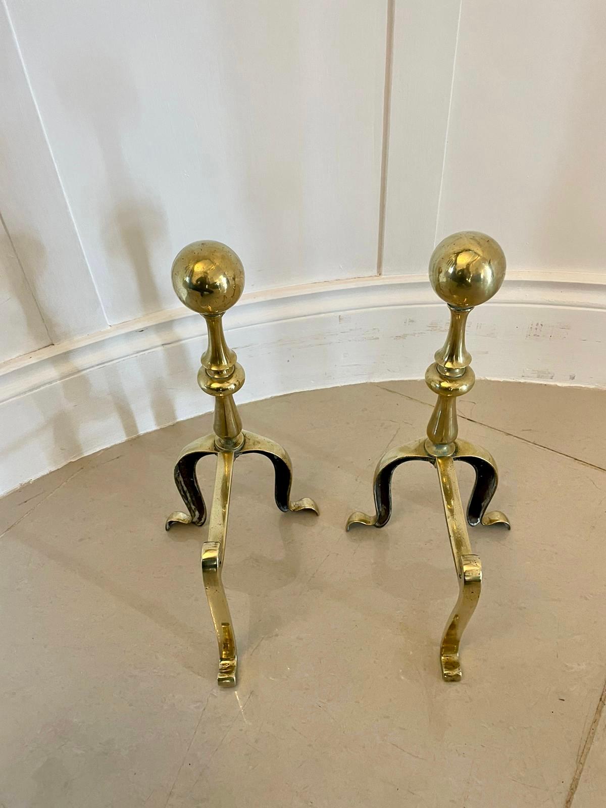 English Pair of Antique Victorian Quality Brass Fire Dogs For Sale