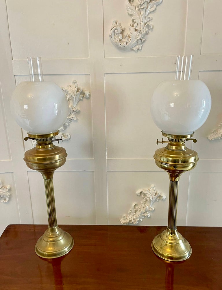 Pair of Antique Victorian Quality Brass Oil Lamps For Sale at 1stDibs