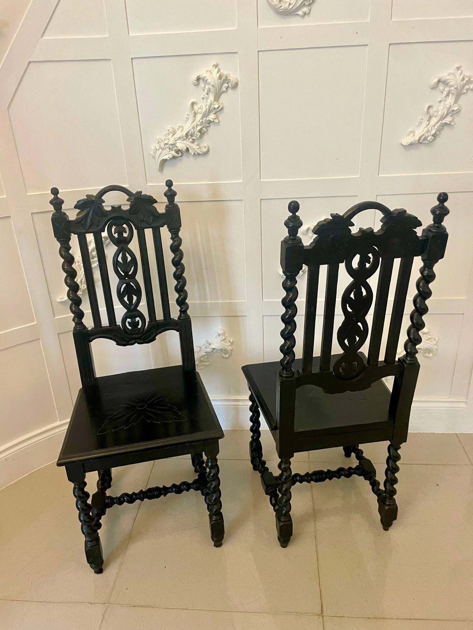 Pair of Antique Victorian Quality Carved Ebonised Oak Side Chairs  For Sale 6