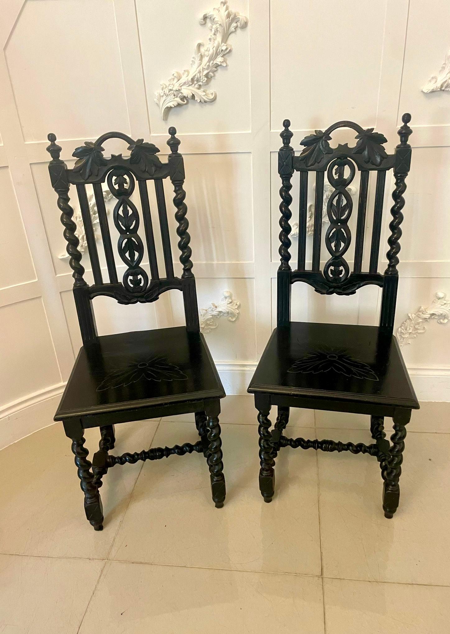 Pair of Antique Victorian Quality Carved Ebonised Oak Side Chairs  For Sale 7