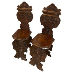Pair of Antique Victorian Quality Carved Walnut Italian Hall Chairs