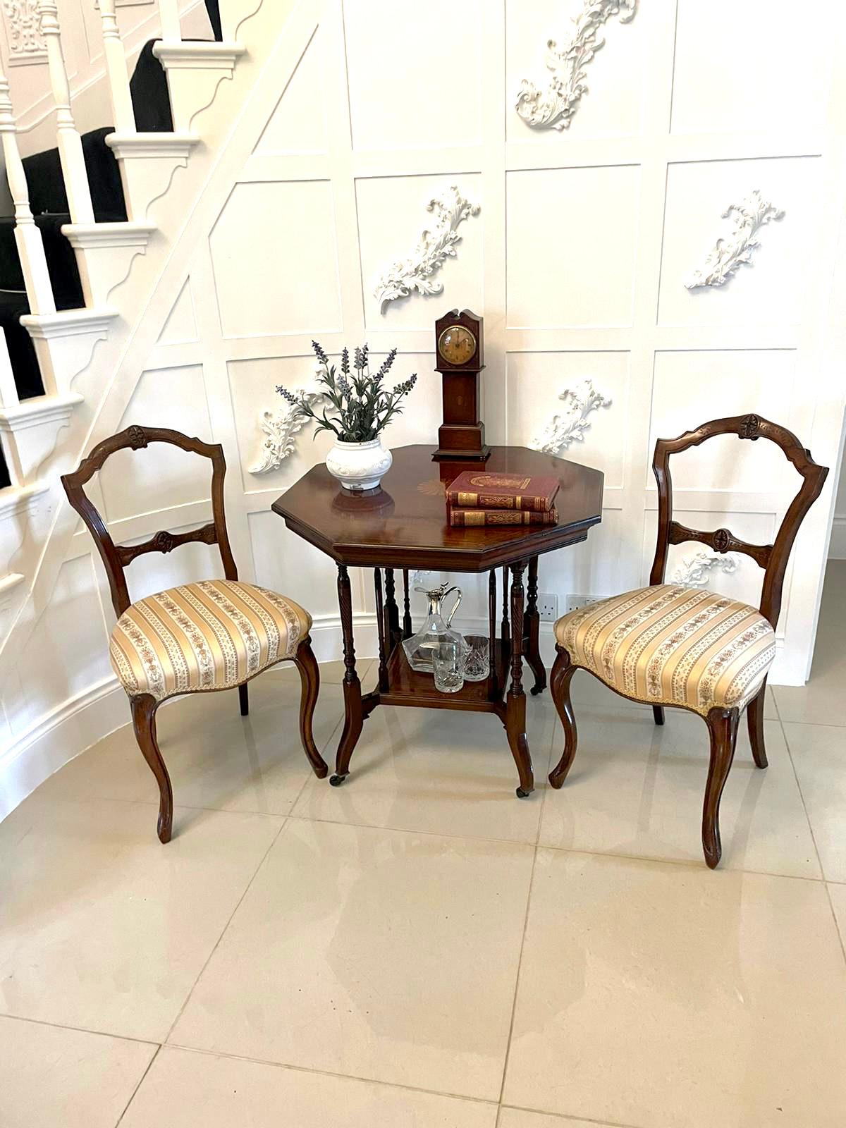 Pair of antique Victorian quality carved walnut side chairs having a quality carved solid walnut shaped back, serpentine shaped seats standing on shaped cabriole legs to the front outswept back legs

Measures: H 87 x W 46 x D40cm
Seat 47cm
Date