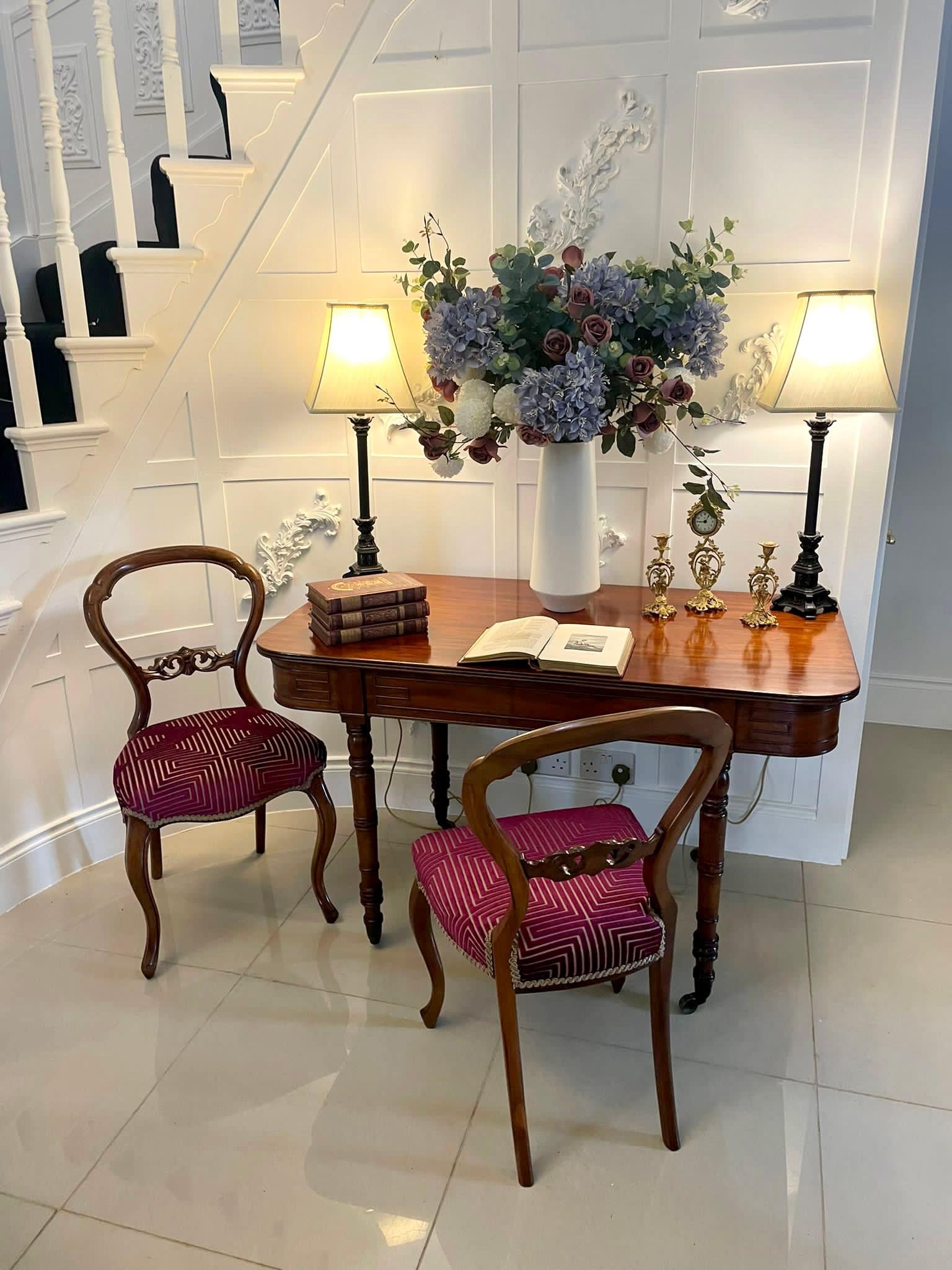 Pair of antique Victorian quality carved walnut side chairs having a quality shaped walnut back with a pretty pierced carved splat to the centre, newly reupholstered seats in a quality fabric and standing on shaped cabriole legs to the front and out