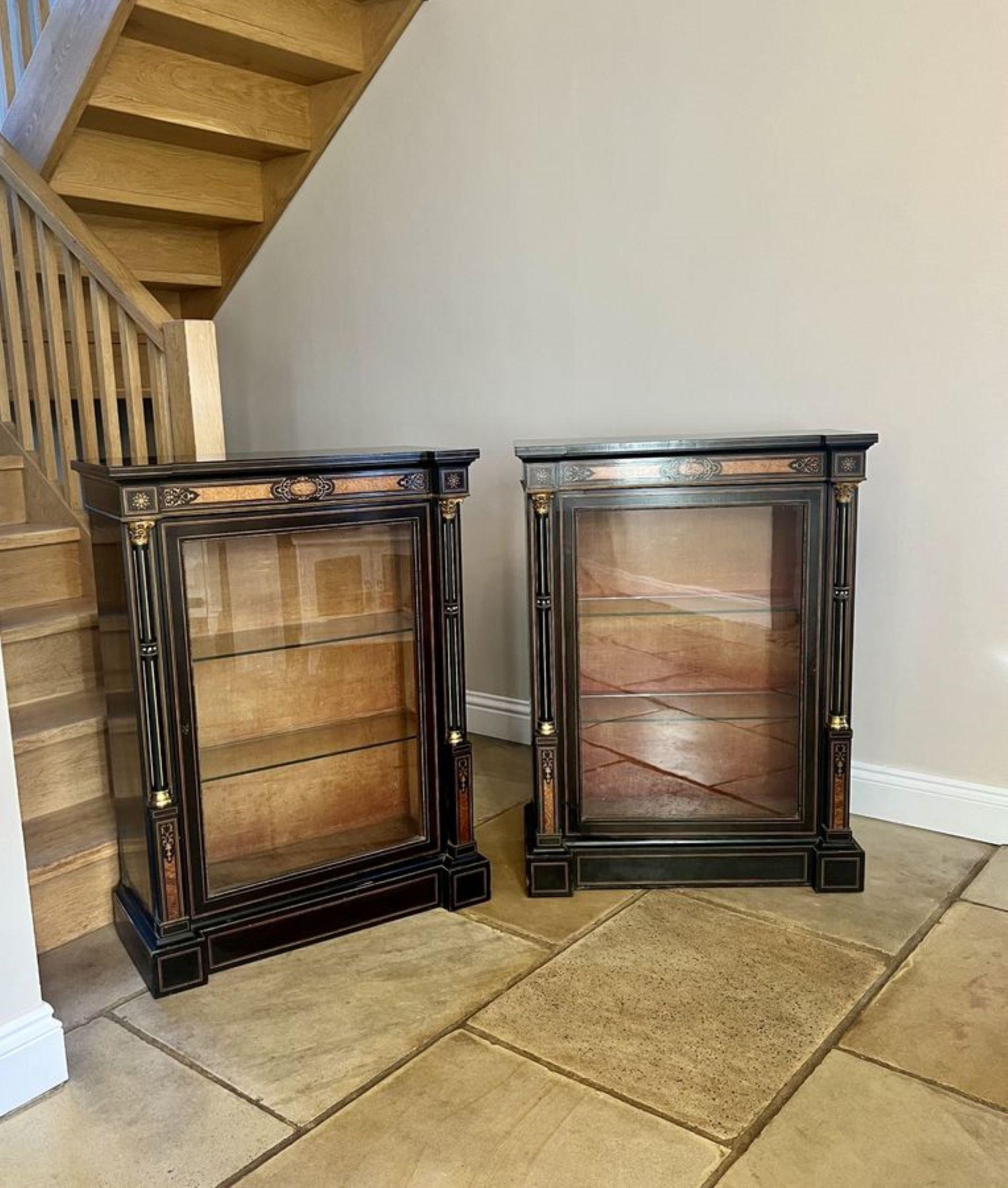 Glass Pair of antique Victorian quality ebonised and amboyna inlaid side cabinets  For Sale