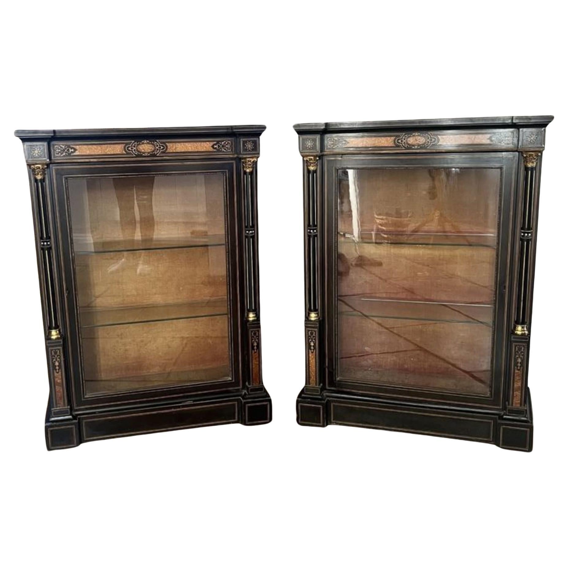 Pair of antique Victorian quality ebonised and amboyna inlaid side cabinets  For Sale