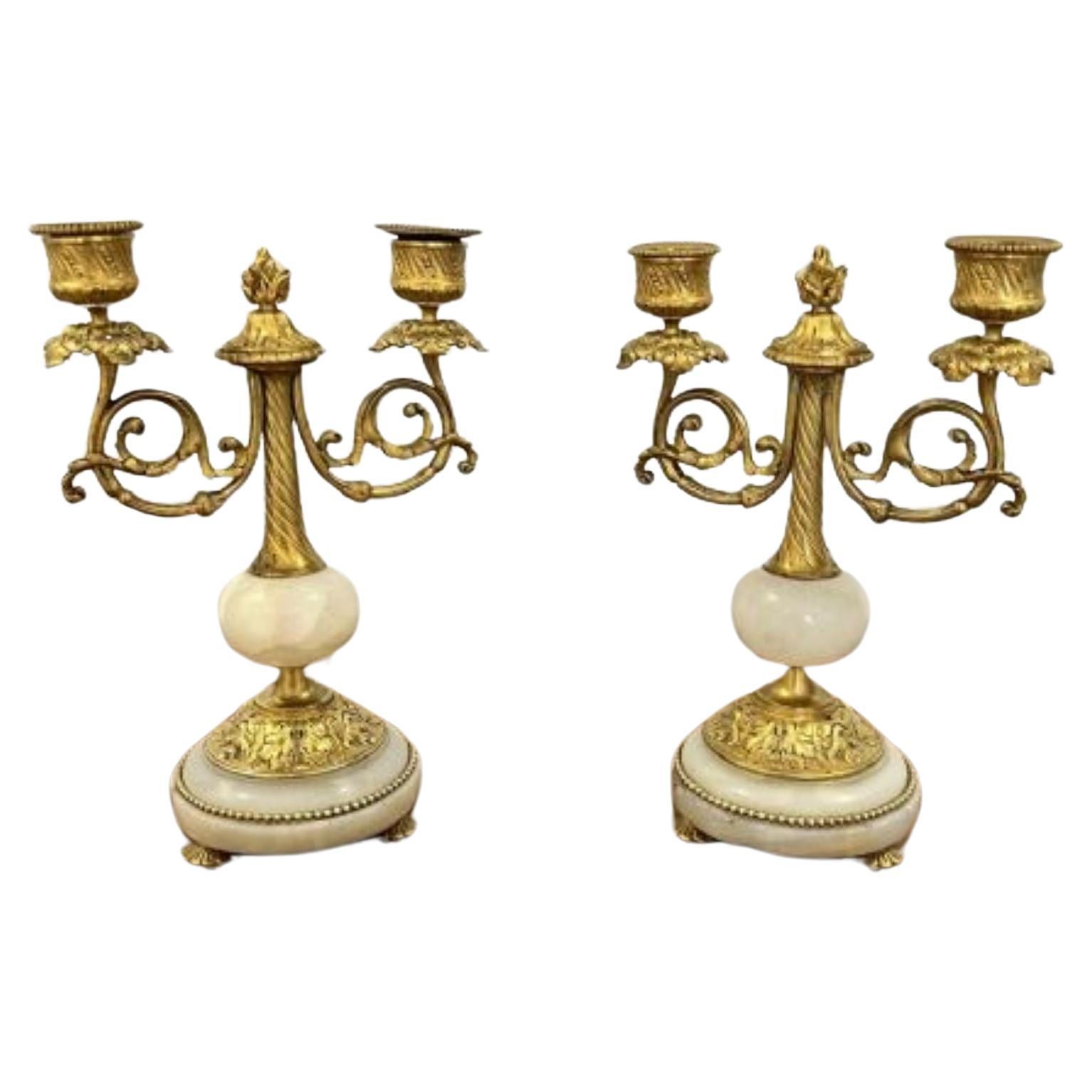 Paire de candélabres victoriens anciens en bronze doré et marbre