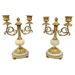 Paire de candélabres victoriens anciens en bronze doré et marbre 