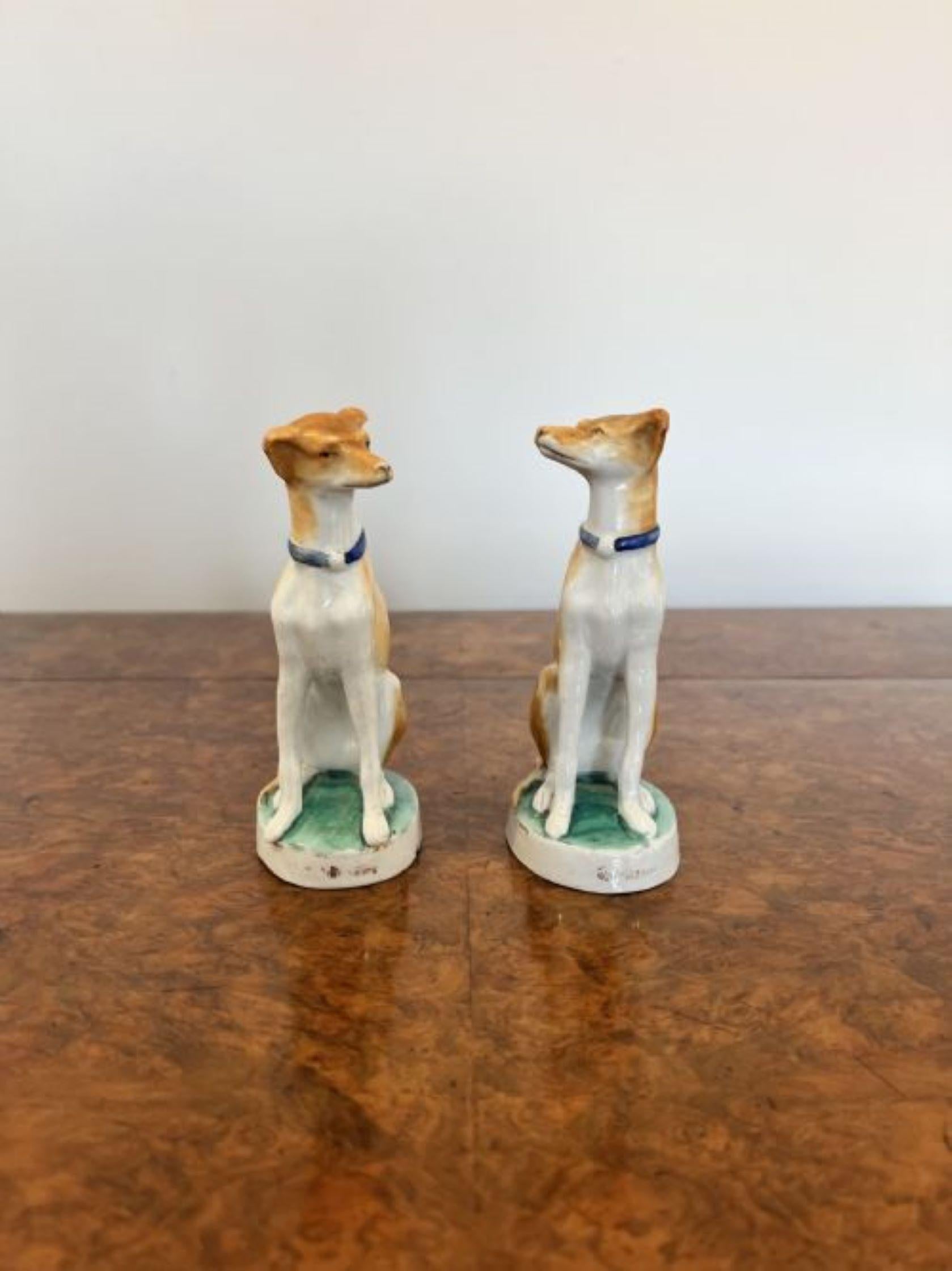 Pair of antique Victorian quality porcelain dogs having a quality pair of antique Victorian dogs sitting on an oval base wearing matching blue collars in white and light brown colours. 