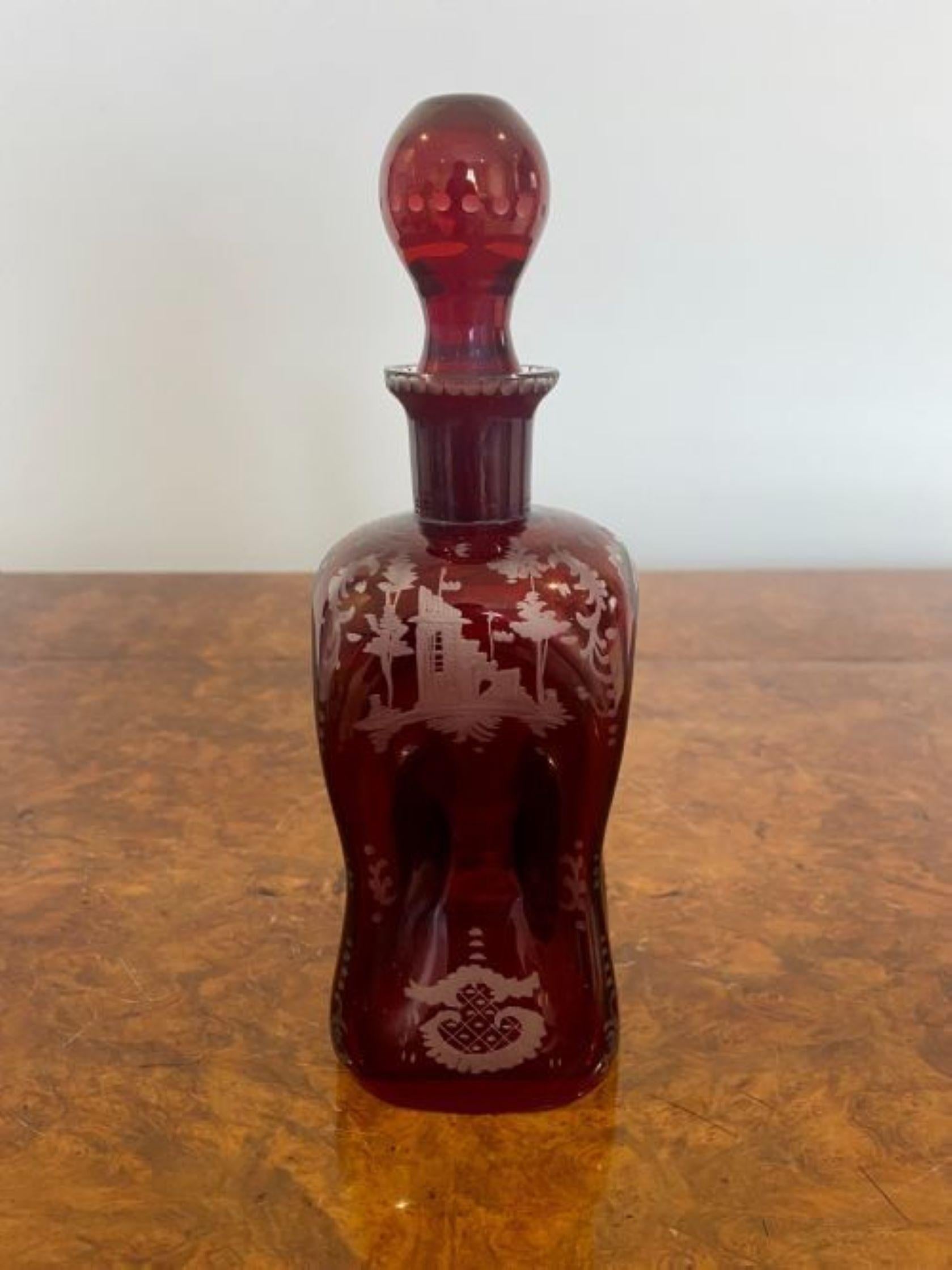 Pair of antique Victorian quality ruby decanters, lovely shaped pair of antique Victorian ruby coloured glass decanters with etched decoration and original glass stoppers 
