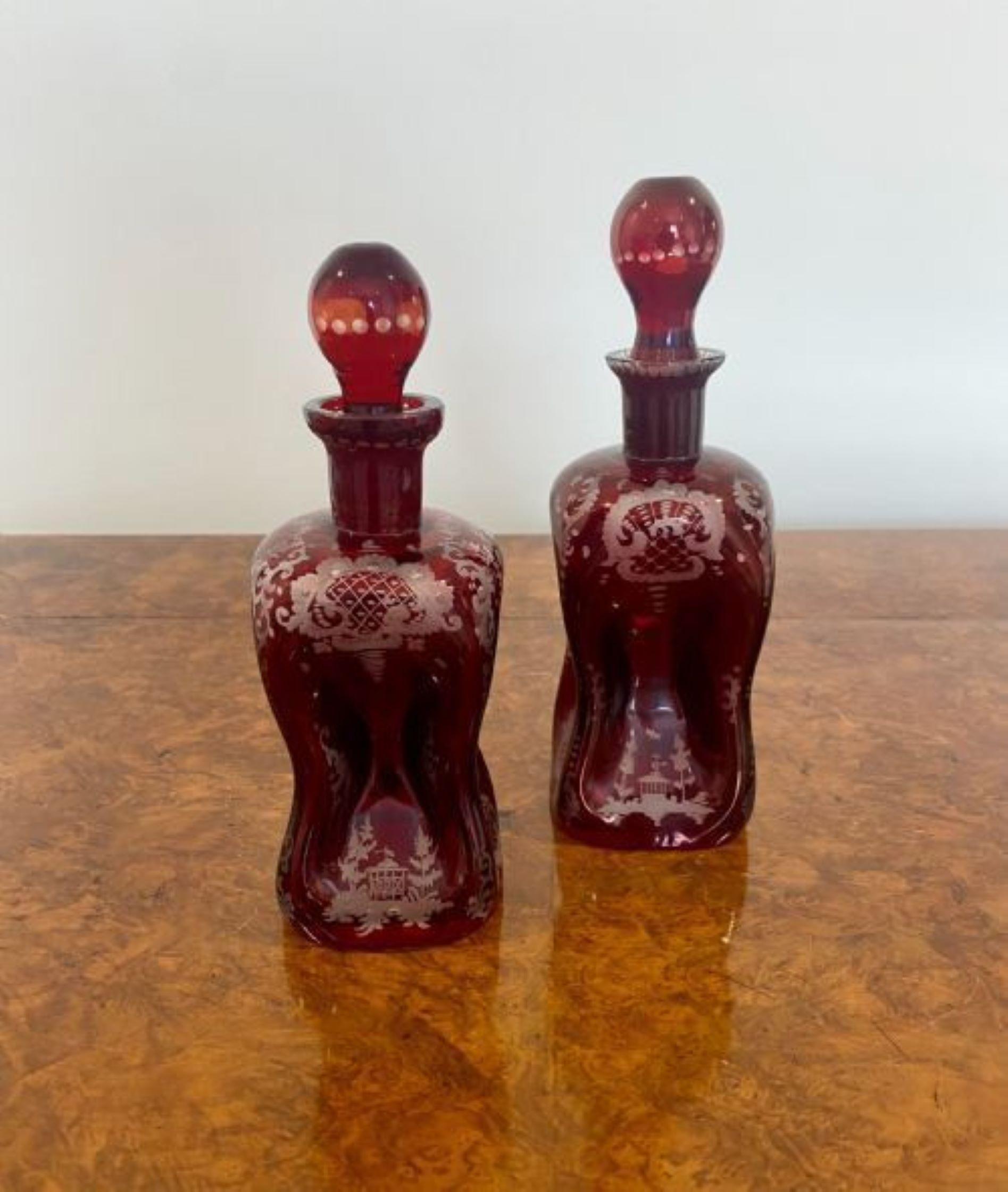 Pair Of antique Victorian Quality Ruby Glass Decanters In Good Condition For Sale In Ipswich, GB