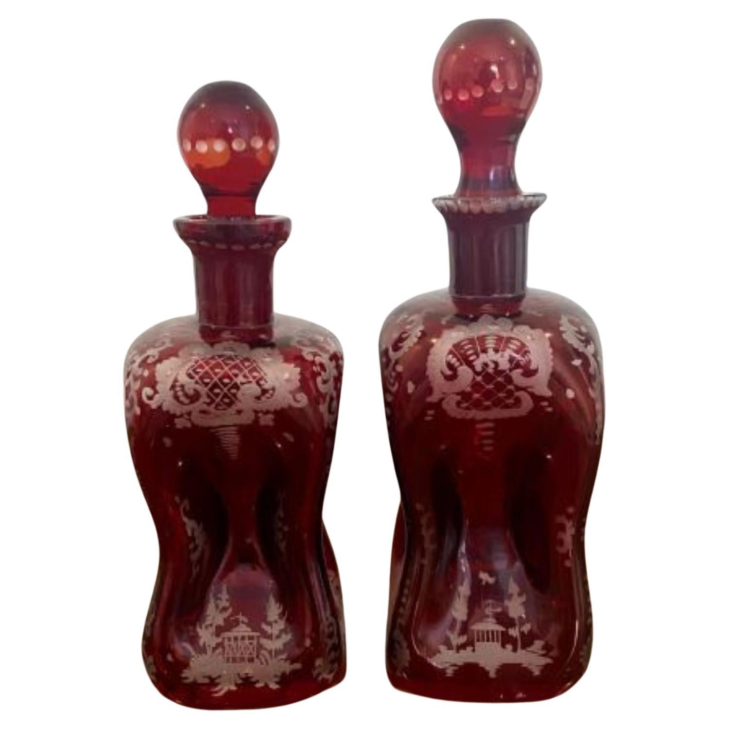 Pair Of antique Victorian Quality Ruby Glass Decanters For Sale