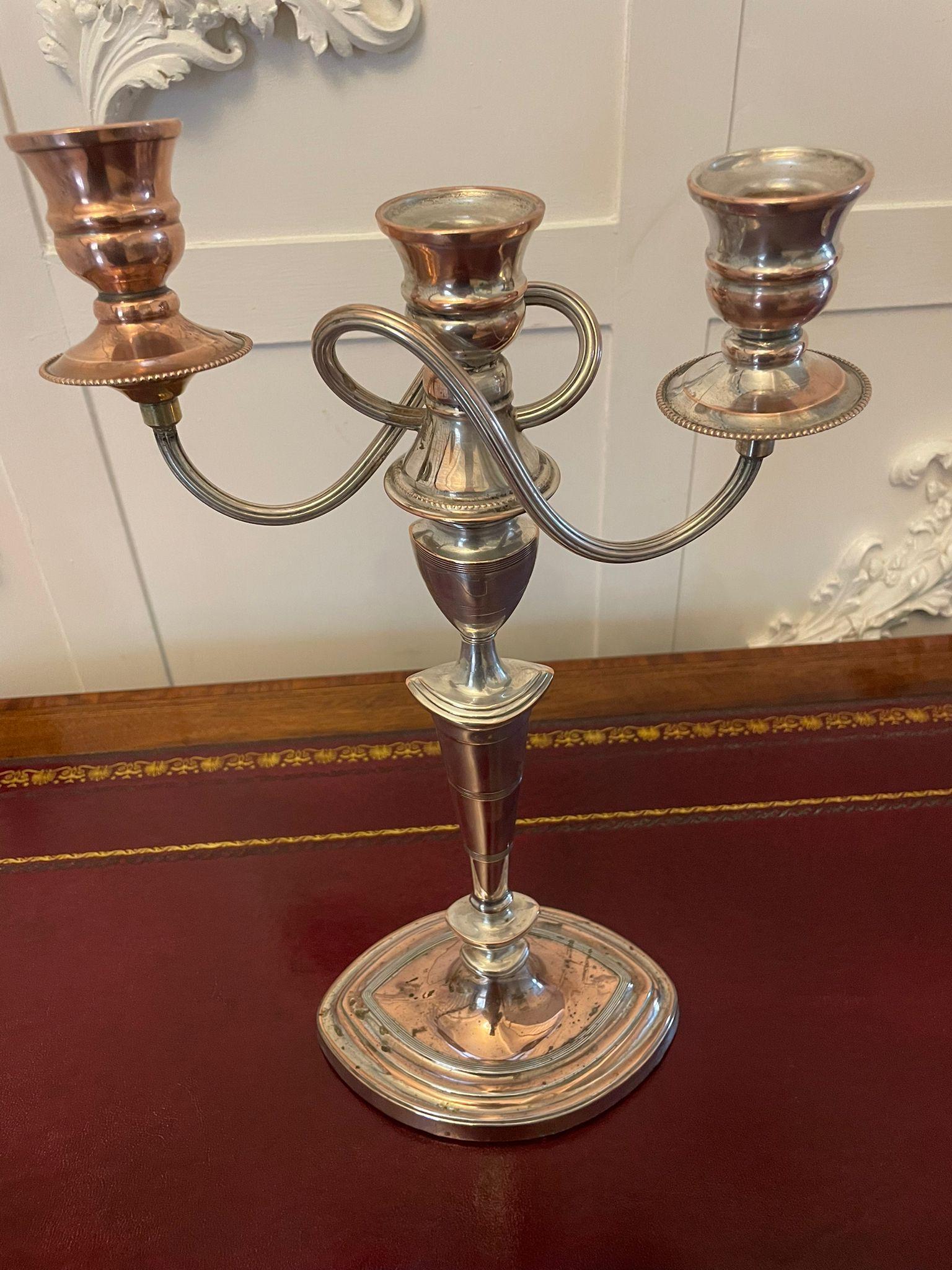 Pair of antique Victorian quality Sheffield plated candelabras having a three branch removable shaped top above an elegant tapering column on a stepped oval base


A wonderful pair of exceptional design and boasting a lovely aged related