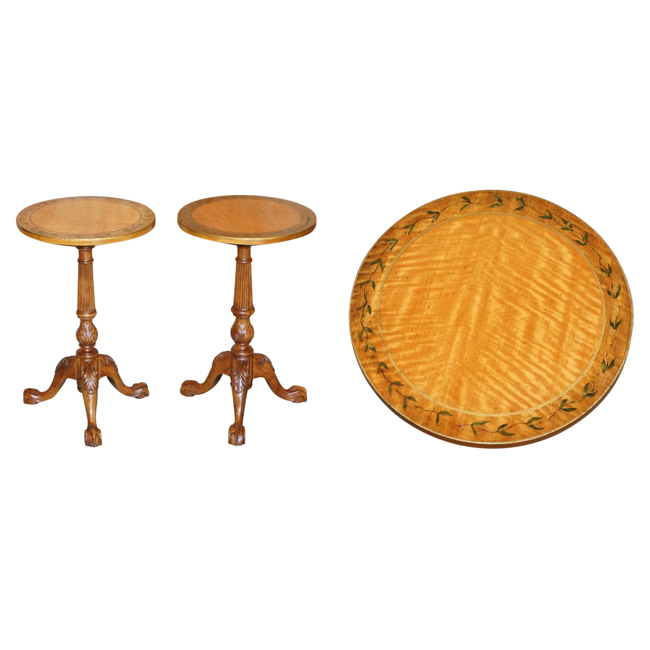 Pair of Antique Victorian Sheraton Claw & Ball Satinwood Tripod Side End Tables For Sale
