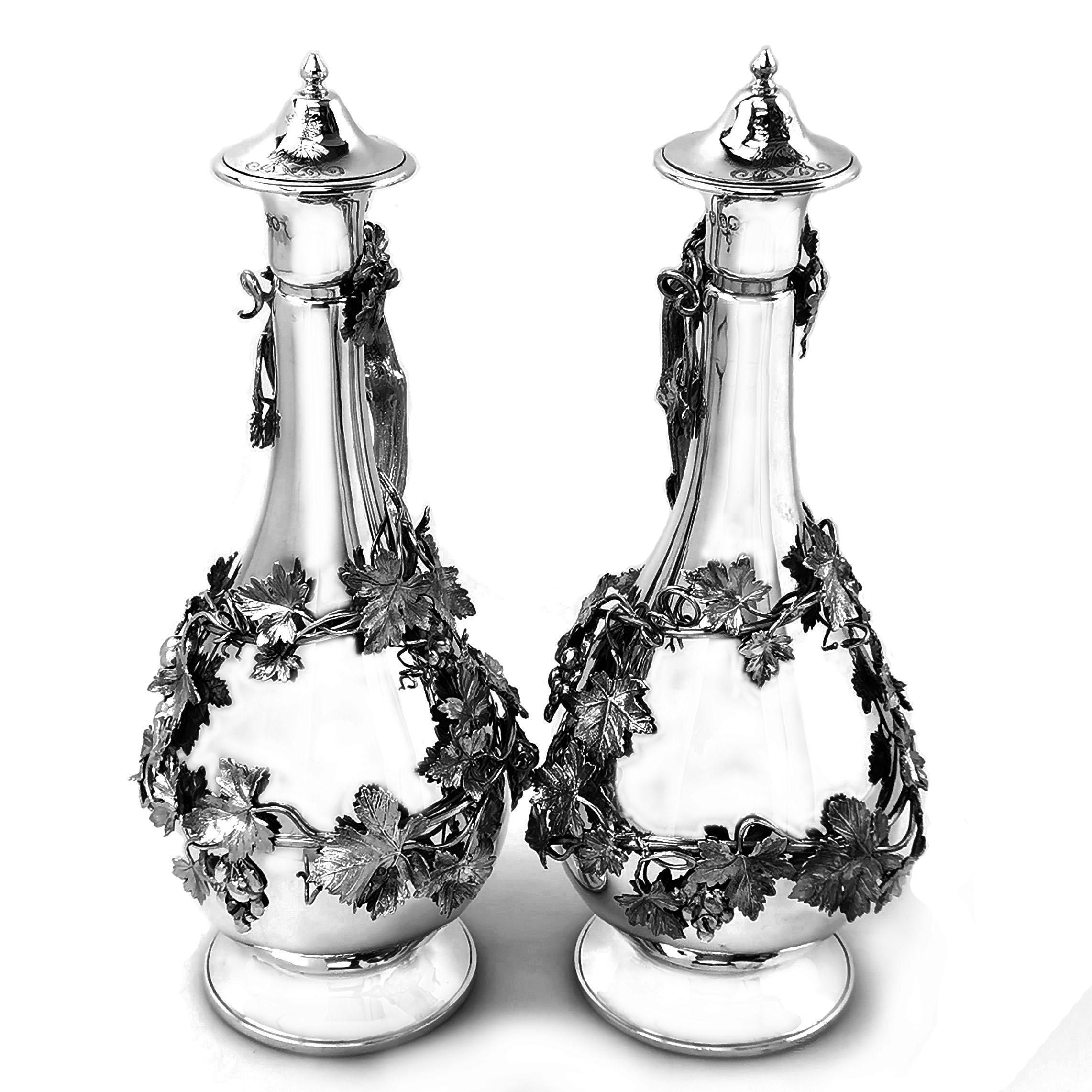 English Pair of Antique Victorian Sterling Silver Claret Jugs Ewers Wine Decanters 1860