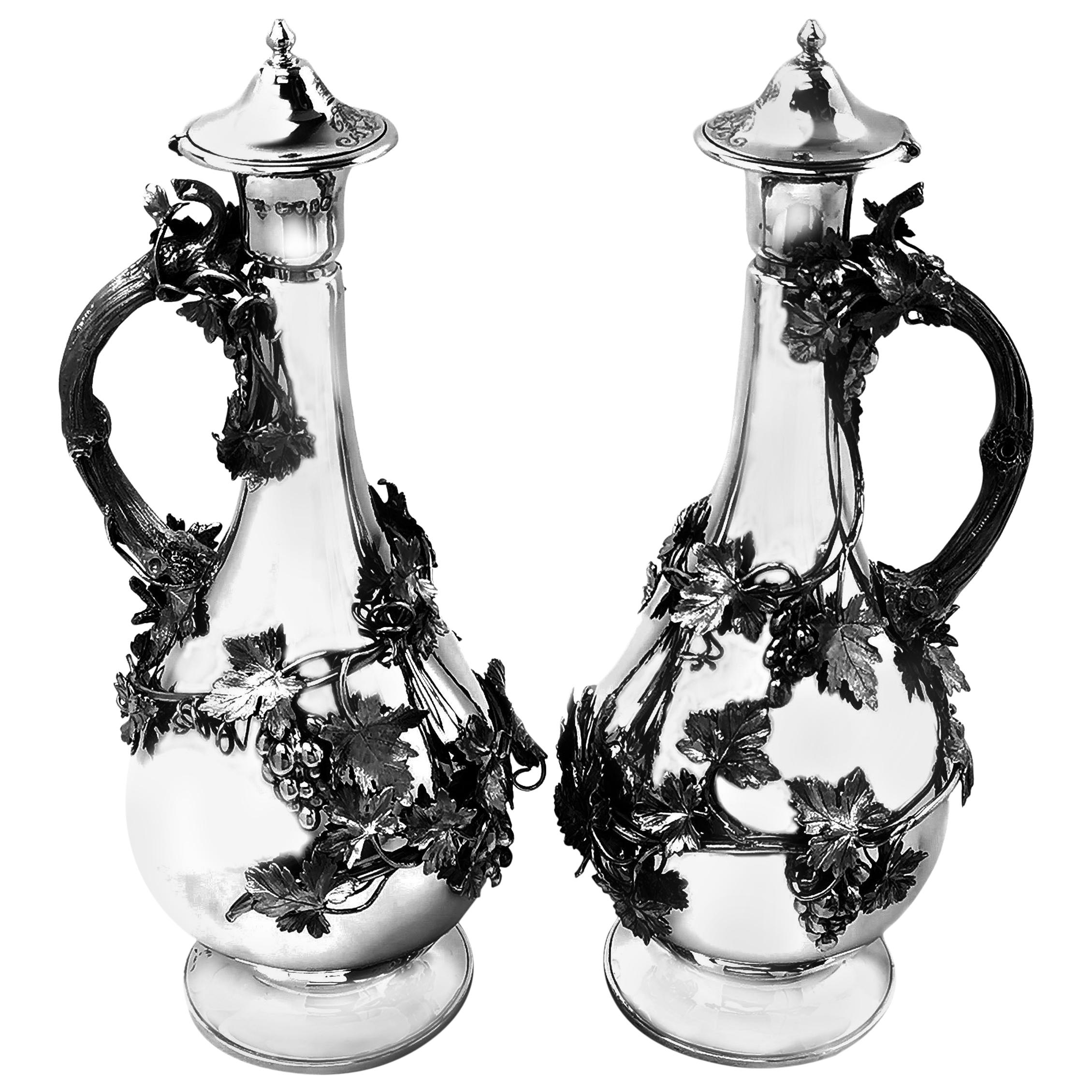 Pair of Antique Victorian Sterling Silver Claret Jugs Ewers Wine Decanters 1860