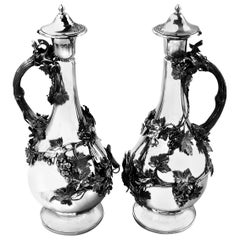 Pair of Antique Victorian Sterling Silver Claret Jugs Ewers Wine Decanters 1860