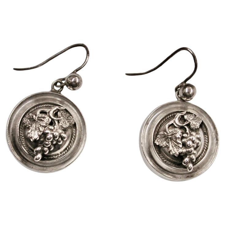 Pair Of Antique Victorian Silver Earrings With Grape And Leaf Design Circa 1880 For Sale