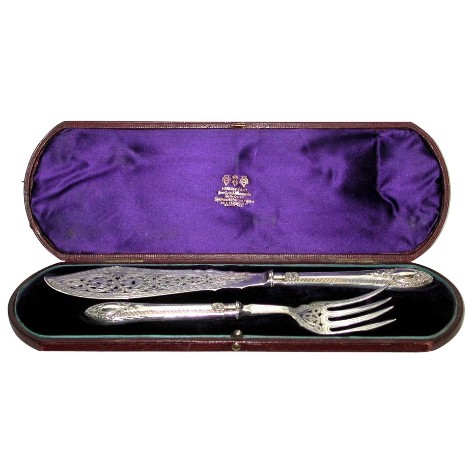Pair of Antique Victorian Silver Fish Servers in Fitted Leather Box, 1880