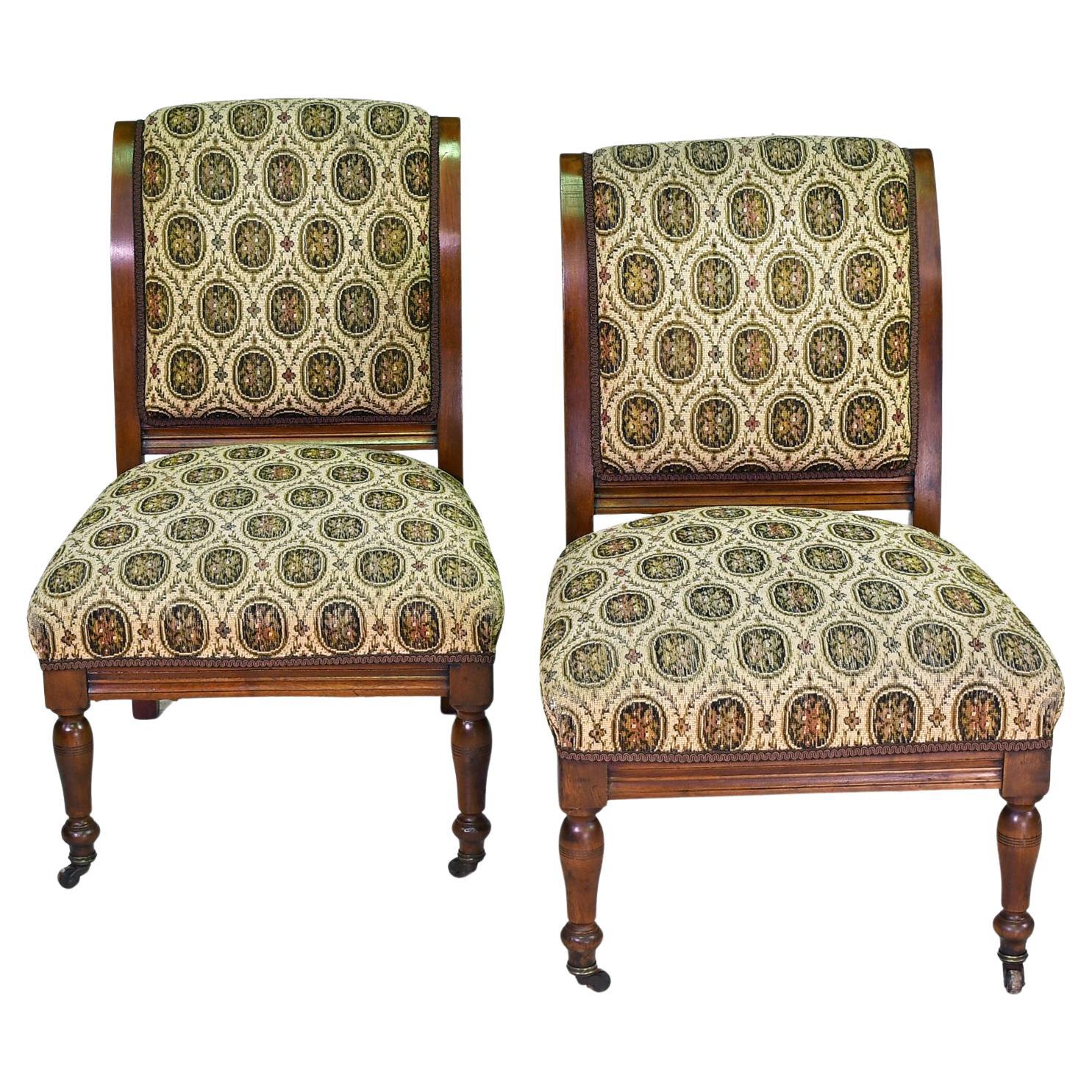 Pair of Antique Victorian Slipper Chairs in Walnut with Upholstered Seat & Back For Sale