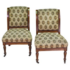 Pair of Antique Victorian Slipper Chairs in Walnut with Upholstered Seat & Back