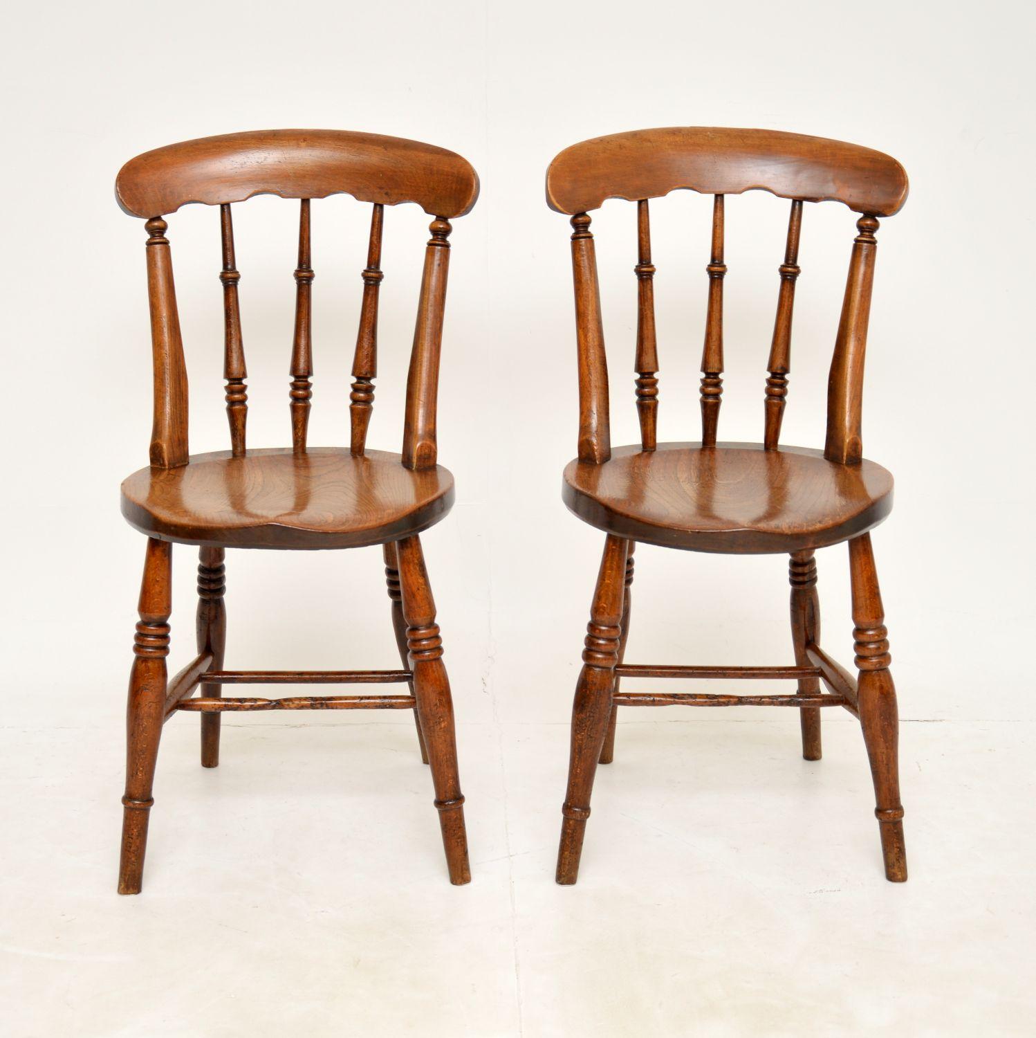 A wonderful pair of Victorian period side chairs in solid Elm. This were made in England, they date from around the 1860-1880’s.
They are really well made and are of super quality. They have a lovely design, are sturdy and comfortable. The solid