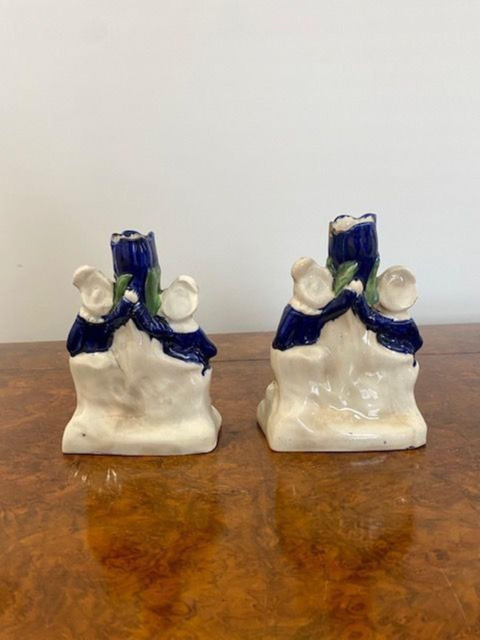 19th Century Pair of Antique Victorian Staffordshire candle holders For Sale