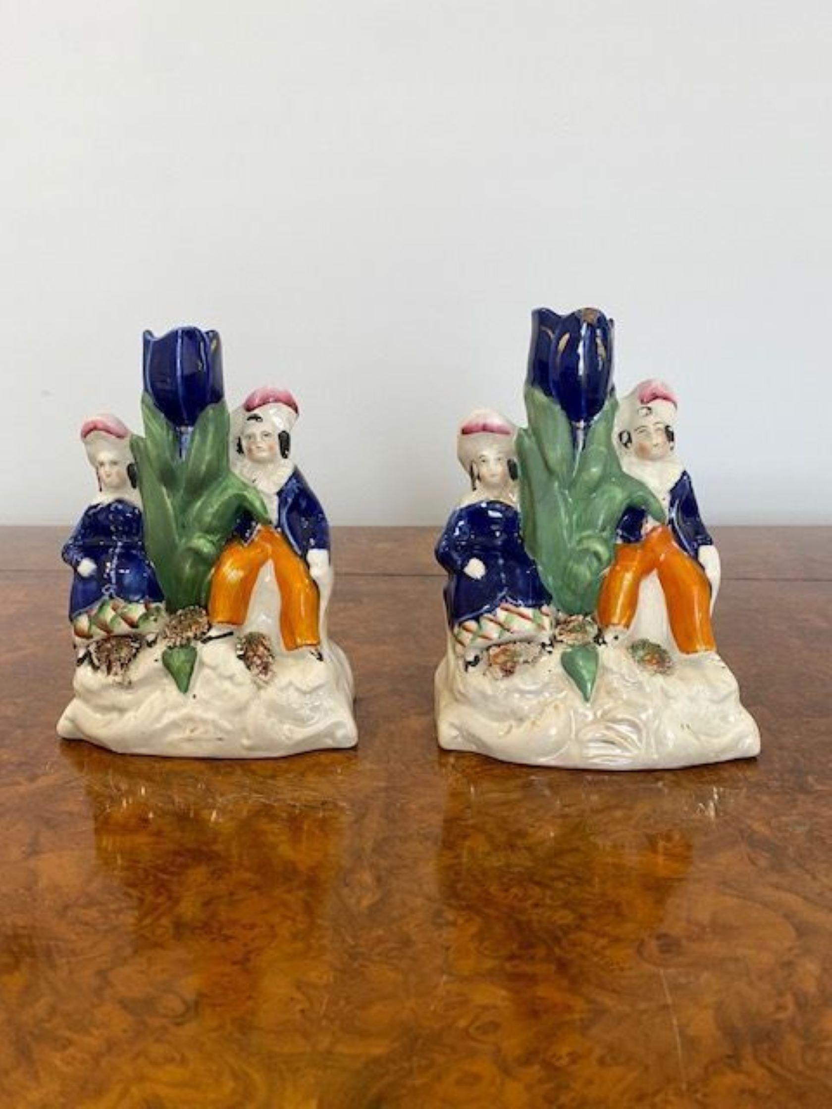 Ceramic Pair of Antique Victorian Staffordshire candle holders For Sale