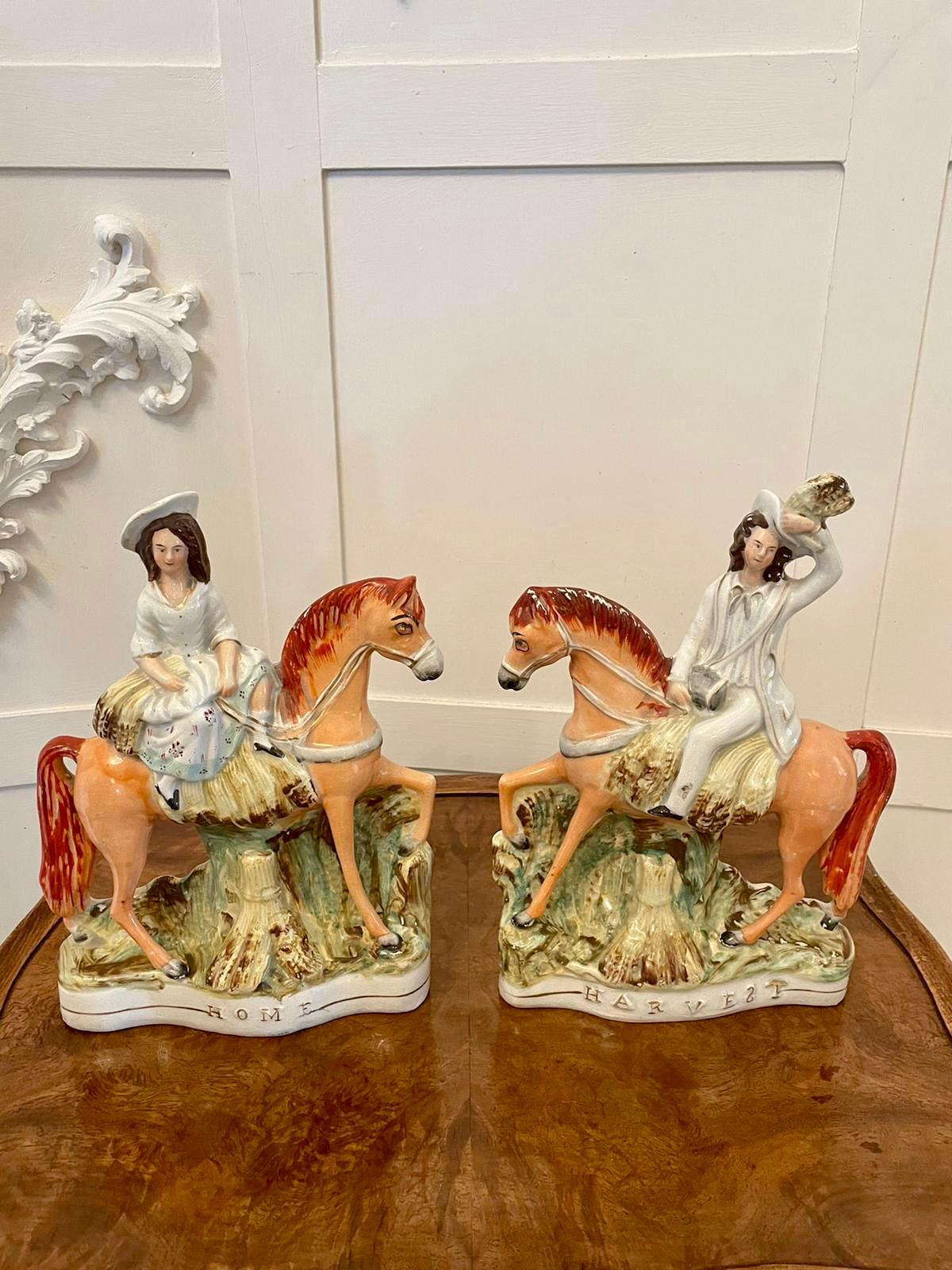 Pair of antique Victorian Staffordshire figures of galloping horses in wonderful colours with seated horse riders wearing period clothing.

A quaint pair in appealing original condition.

Measures: H 29cm 
W 21cm 
D 6.5cm
Date 1860
£485.
  